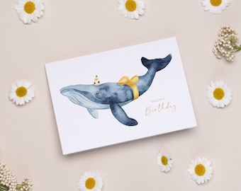 Happy Whale Birthday Card | happy birthday | folding card | whale with hat | watercolor illustration | optionally with kraft paper envelope| DIN A6