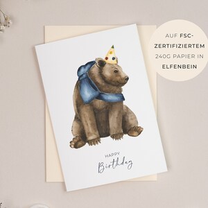 Biglietto d'auguri "Orsetto di compleanno" | Buon Compleanno | Biglietto pieghevole | Grande formato B6 |  Orso con fiocco | Acquerello | con crema in busta