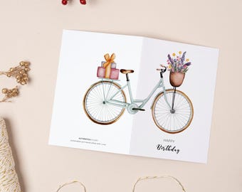 Birthday card for bike lovers | Folding card | Whale with hat | Watercolor illustration | with grass paper envelope | DIN A6