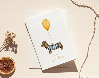 Dachshund birthday card | Folding card | Watercolor illustration | with grass paper envelope | DIN A6