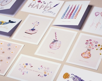 12-piece greeting card set for every occasion, 8 postcards & 4 folded cards, watercolor designs on sustainable GMUND paper, congratulation cards
