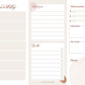 May include: A weekly planner with sections for notes, to-do list, weekly goals, intention, and for me. The planner has a beige background with brown accents and a white focus area.