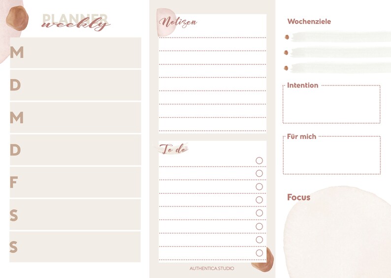 May include: A weekly planner with sections for notes, to-do list, weekly goals, intention, and for me. The planner has a beige background with brown accents and a white focus area.