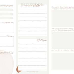 May include: A printable weekly reflection planner with sections for weekly highlights, things you are grateful for, successes, notes, and things you want to achieve in the next week. The planner has a light gray background with a brown watercolor design.