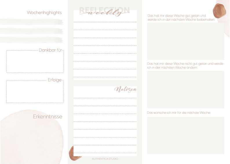 May include: A printable weekly reflection planner with sections for weekly highlights, things you are grateful for, successes, notes, and things you want to achieve in the next week. The planner has a light gray background with a brown watercolor design.