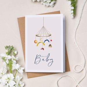 Bonjour carte bébé | Mobile | Carte pliante | Illustration aquarelle | Enveloppe en papier kraft | DIN A6