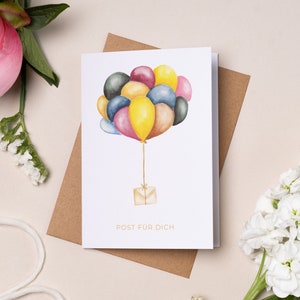 Biglietto d'auguri “Posta per te” | Palloncini | Biglietto pieghevole | Proprio così | Illustrazione ad acquerello | Busta di carta kraft | DIN A6