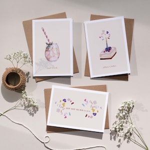 Set van 3 verjaardagskaarten, aquarelmotieven op duurzaam papier, Hiep Hiep Hoera, Het allerbeste, Voor jou, kaartenset met enveloppen