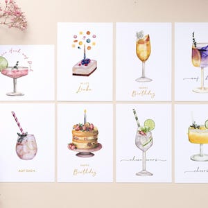 8-er Set Glückwunschkarten mit feinen Aquarell Cocktail- und Tortenmotiven, Happy Birthday | Alles Liebe | ein Hoch auf Dich | Cheers
