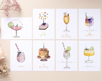 Set of 8 greeting cards with delicate watercolor cocktail and cake designs, Happy Birthday | All the best | Cheers to you | Cheers