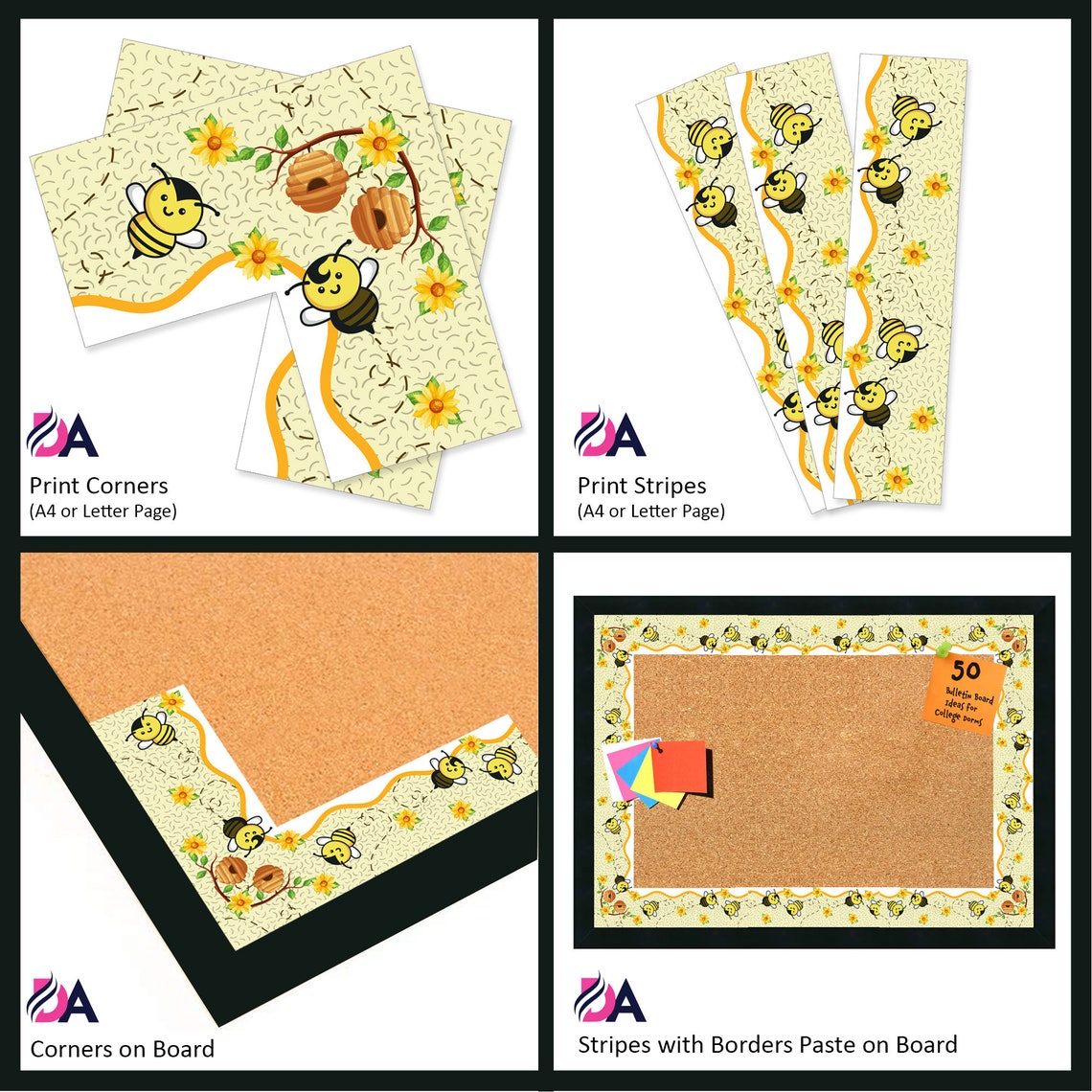 Printable Bee Themed Bulletin Border With Finish Corners bee Sunflower