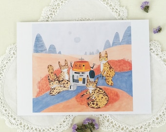 May include: A whimsical illustration of a droid surrounded by four small, spotted cats. The droid is orange and white with a blue antenna. The cats are brown and yellow with black spots. The background is a blue and orange landscape with green grass and brown rocks.