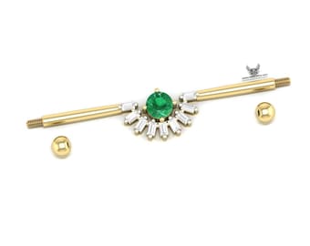 14k gouden natuurlijke smaragd lab diamant anti-helix piercing, bruiloft industrieel.