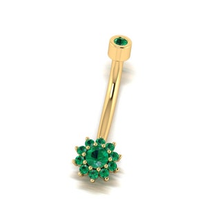 14K Yellow Gold Navel Piercing, Ladies Belly Button Ring, Rook Belly Eyebrow Lip Piercing, Gold Barbel Emerald Belly, Girl Button Piercing.