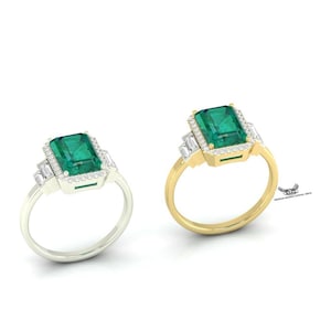 Natural Emerald & Lab Diamond , Ladies  Ring 14k Yellow Gold Ring, Ladies Finger Ring, Unisex Women Finger Ring, Wedding Engagement Ring.