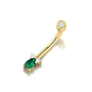 14k Navel Piercing, Emerald Belly Button Ring, Rook Belly Eyebrow Lip Piercing, Gold Barbel Gemstone Diamond Belly Button Ring Piercing