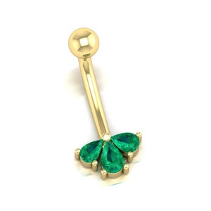 14k Navel Piercing, Emerald Belly Button Ring, Rook Belly Eyebrow Lip Piercing, Gold Barbel Gemstone Diamond Belly Button Ring Piercing