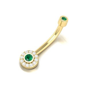 Natural Emerald Button Piercing, 14K, Rook Belly Eyebrow Lip Piercing, Gold Barbel Gemstone Diamond Ladies Belly Button Ring Piercing.