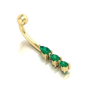 14k Navel Piercing, Emerald Belly Button Ring, Rook Belly Eyebrow Lip Piercing, Gold Barbel Gemstone Diamond Belly Button Ring Piercing