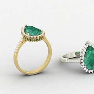 14k Yellow Gold Emerald Pear Ring, Women Ring, Diamond Ring, Ladies Finger Ring, Wedding Ring, Engagement Ring, Unisex Finger Ring Girl Ring