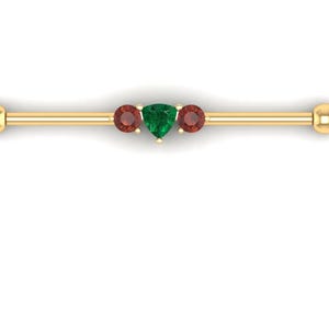 14k Gold Industrial Barbell Piercing: Emerald & Orange Sapphire