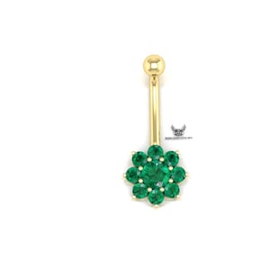 14K Yellow Gold Navel Piercing, Ladies Belly Button Ring, Rook Belly Eyebrow Lip Piercing, Gold Barbel Emerald Belly, Girl Button Piercing.