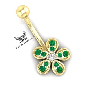 14K Gold Emerald Flower Navel Ring: Diamond Belly Piercing