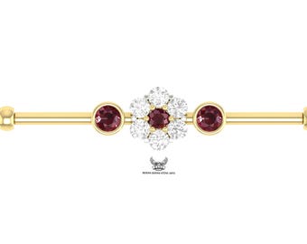 Lab Diamond Ruby 14k Gold Industrial Barbell Piercing.