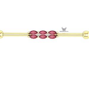 14k Gold Industrial Barbell Piercing: Natural Ruby Scaffold Earring