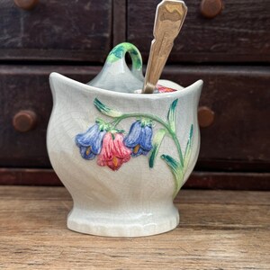 May include: A white ceramic sugar bowl with a floral design featuring blue and pink flowers. The bowl has a textured surface and a silver spoon inside.