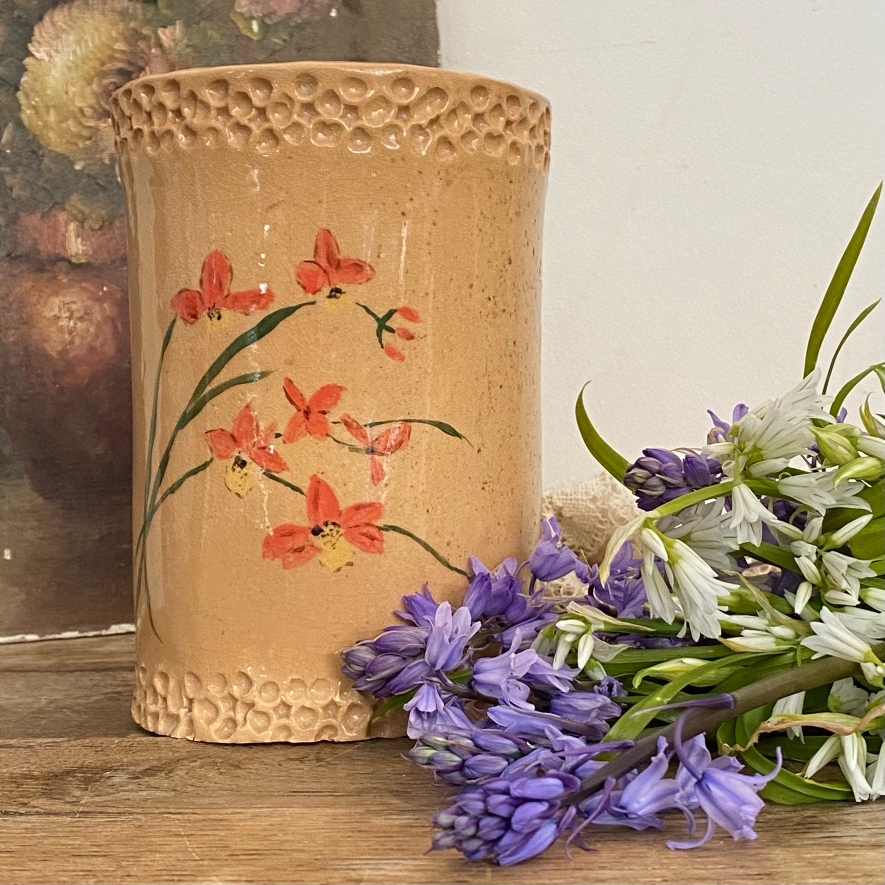 Hand Made Pottery Vase Floral Hand Painting Rustic Charm Etsy UK