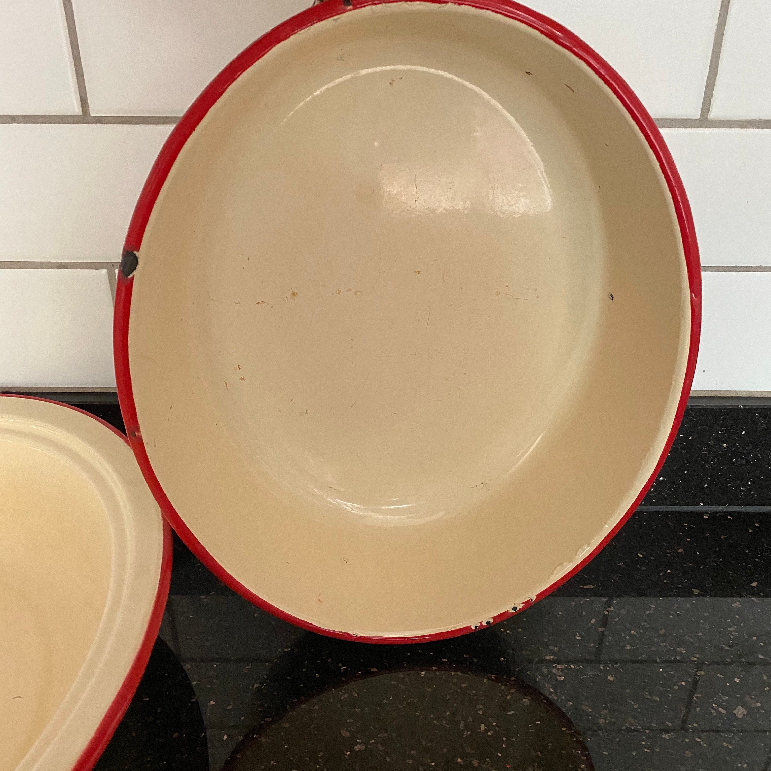 Vintage Enamel Roasting Tin With Lid Cream Red Trim Etsy