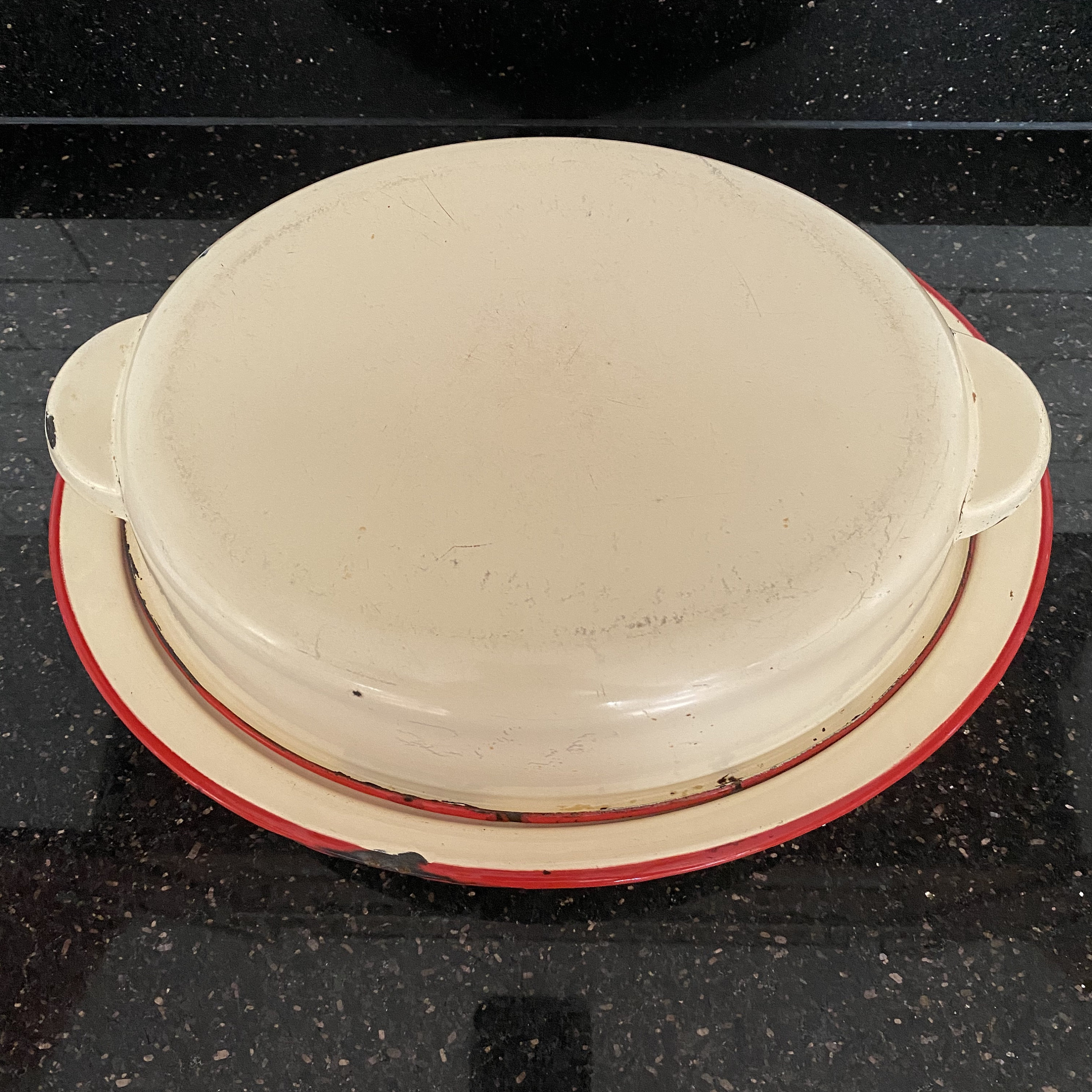 Vintage Enamel Roasting Tin With Lid Cream Red Trim Etsy