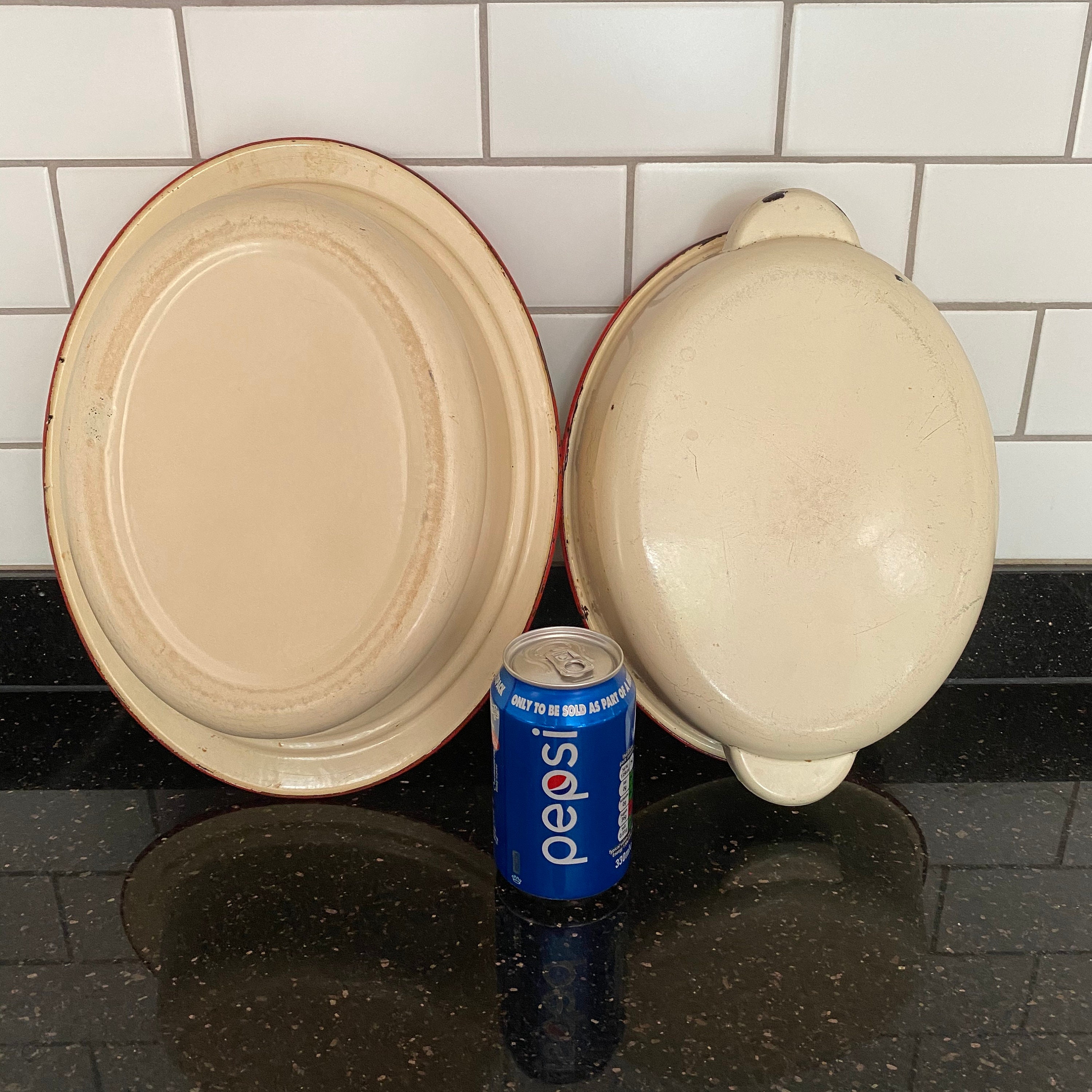 Vintage Enamel Roasting Tin with Lid Cream Red Trim Etsy