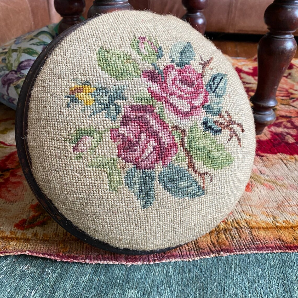 Vintage Floral Needlepoint Foot Stool Age and Wear | Etsy