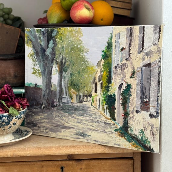 Vintage Oil on Board Rustic Sunny Street Scene Ref JR