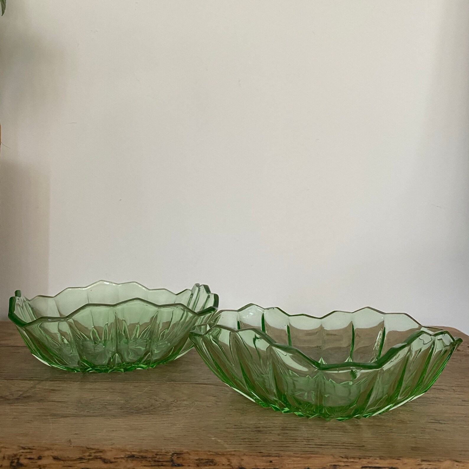 Two Vintage Green Glass Serving Bowls Fruit Dishes Etsy