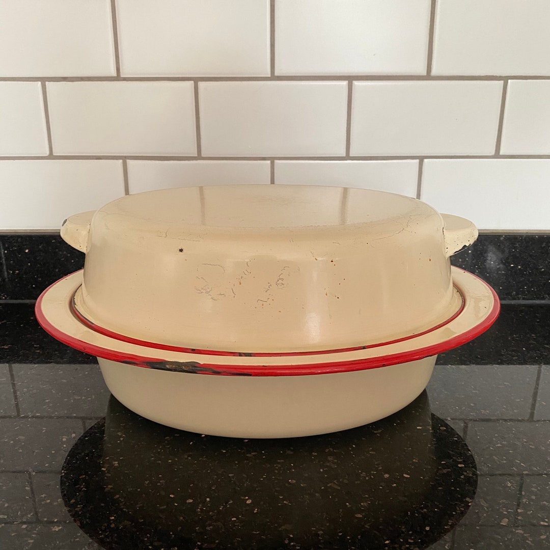 Vintage Enamel Roasting Tin With Lid Cream Red Trim Etsy