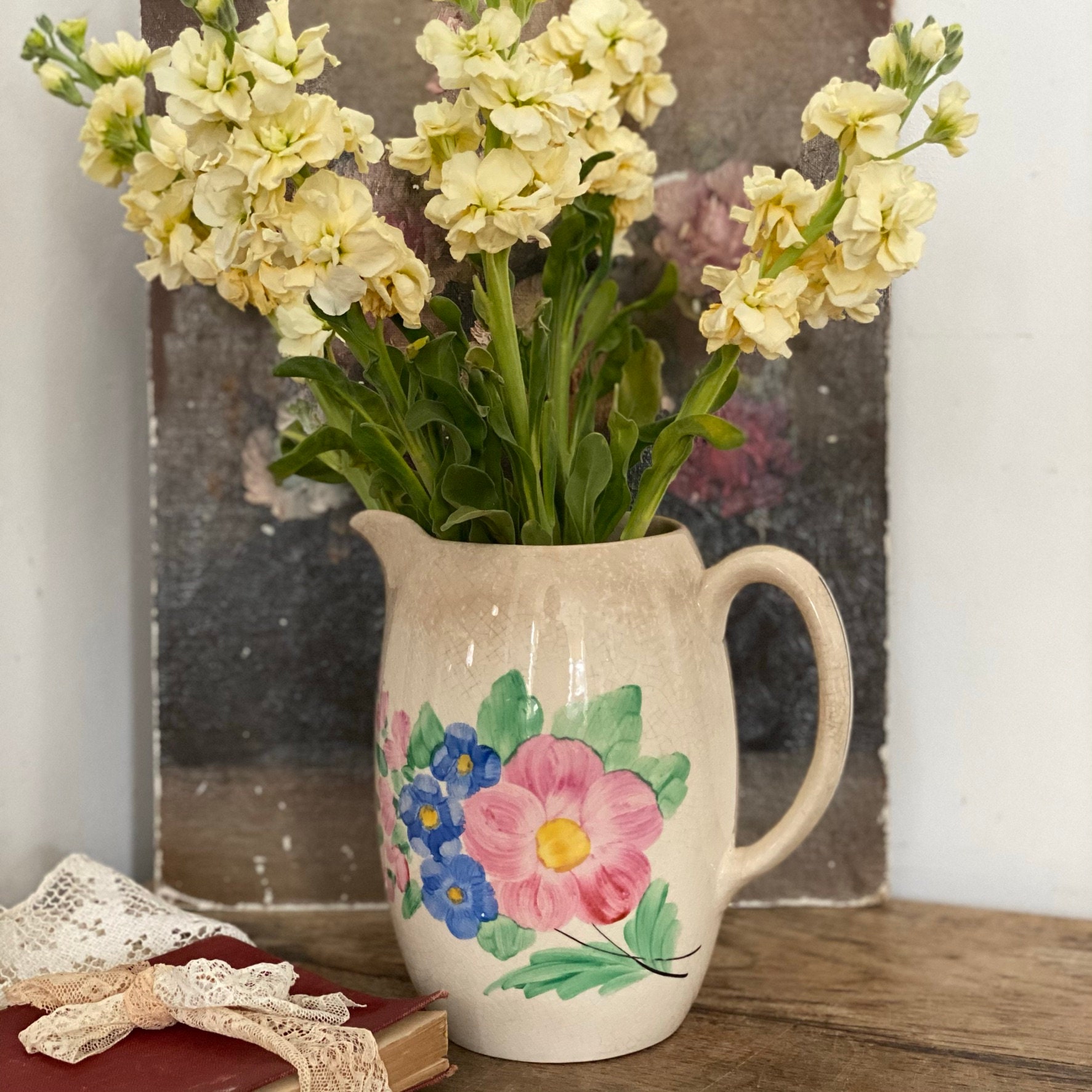 Beautiful Vintage Cream Floral Jug Vase Rustic Crazed with Etsy