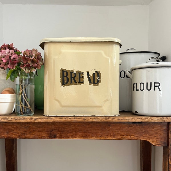 Vintage Bread Bin Cream and Green Enamel Age and Wear