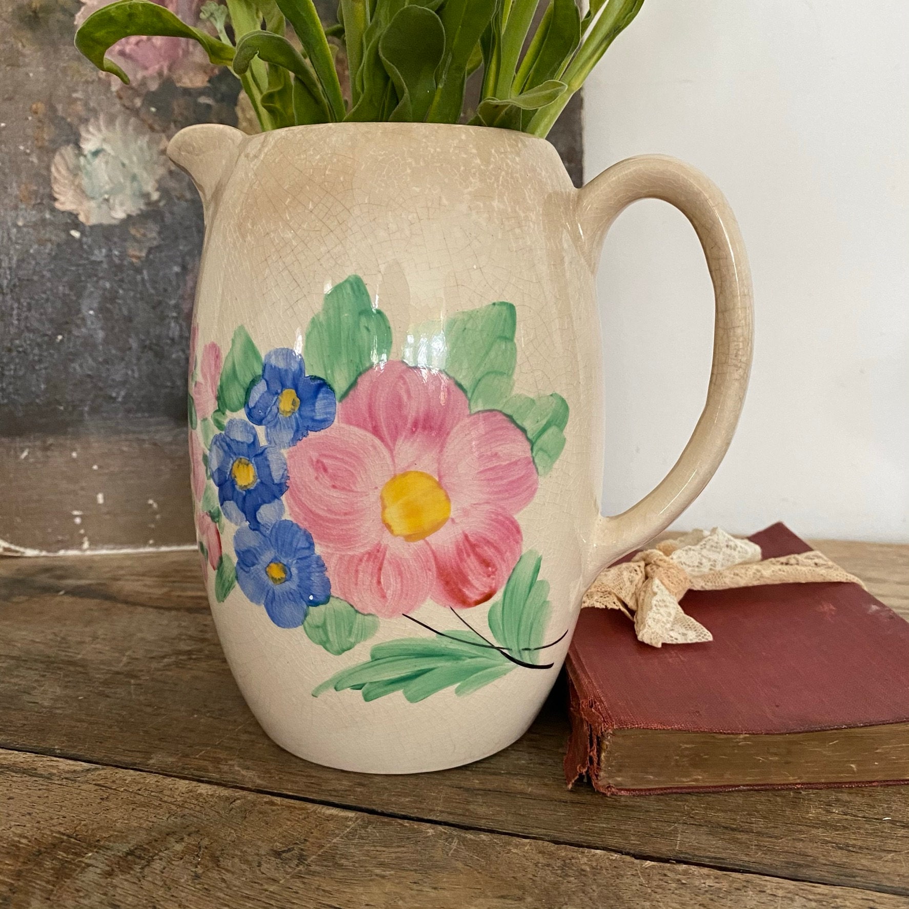 Beautiful Vintage Cream Floral Jug Vase Rustic Crazed with Etsy