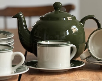 Large Teapot Cups Saucers x 4 and Bowls x 4 Breakfast Bundle Green Cream London Pottery Ref