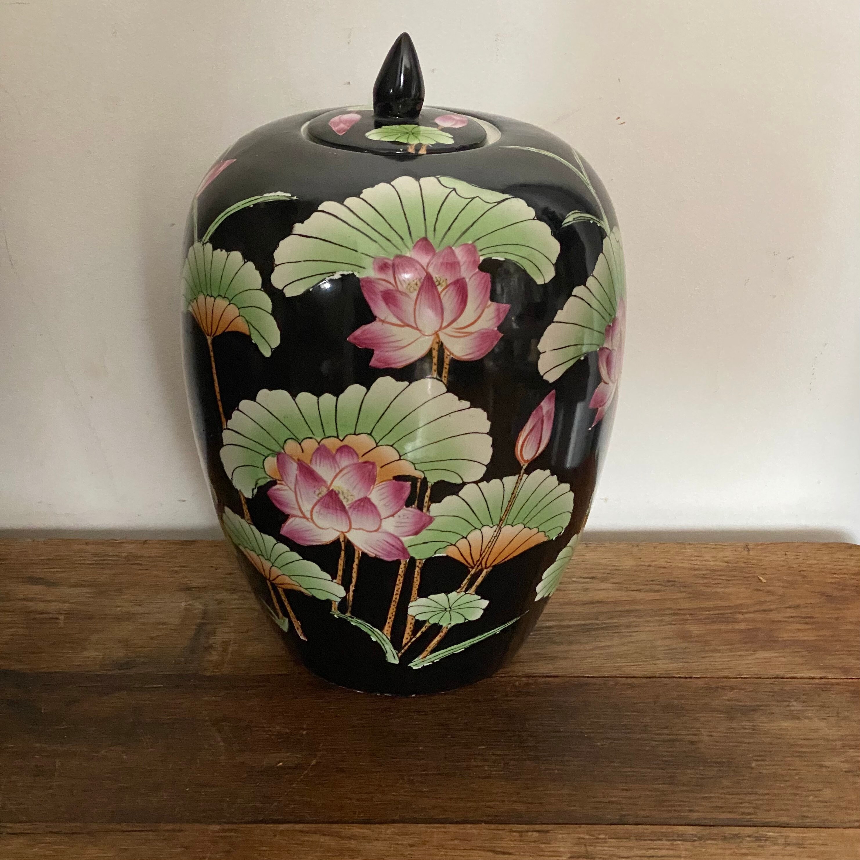 Vintage Large Ginger Jar Lotus Flower Black Pink Green 2/4 Etsy