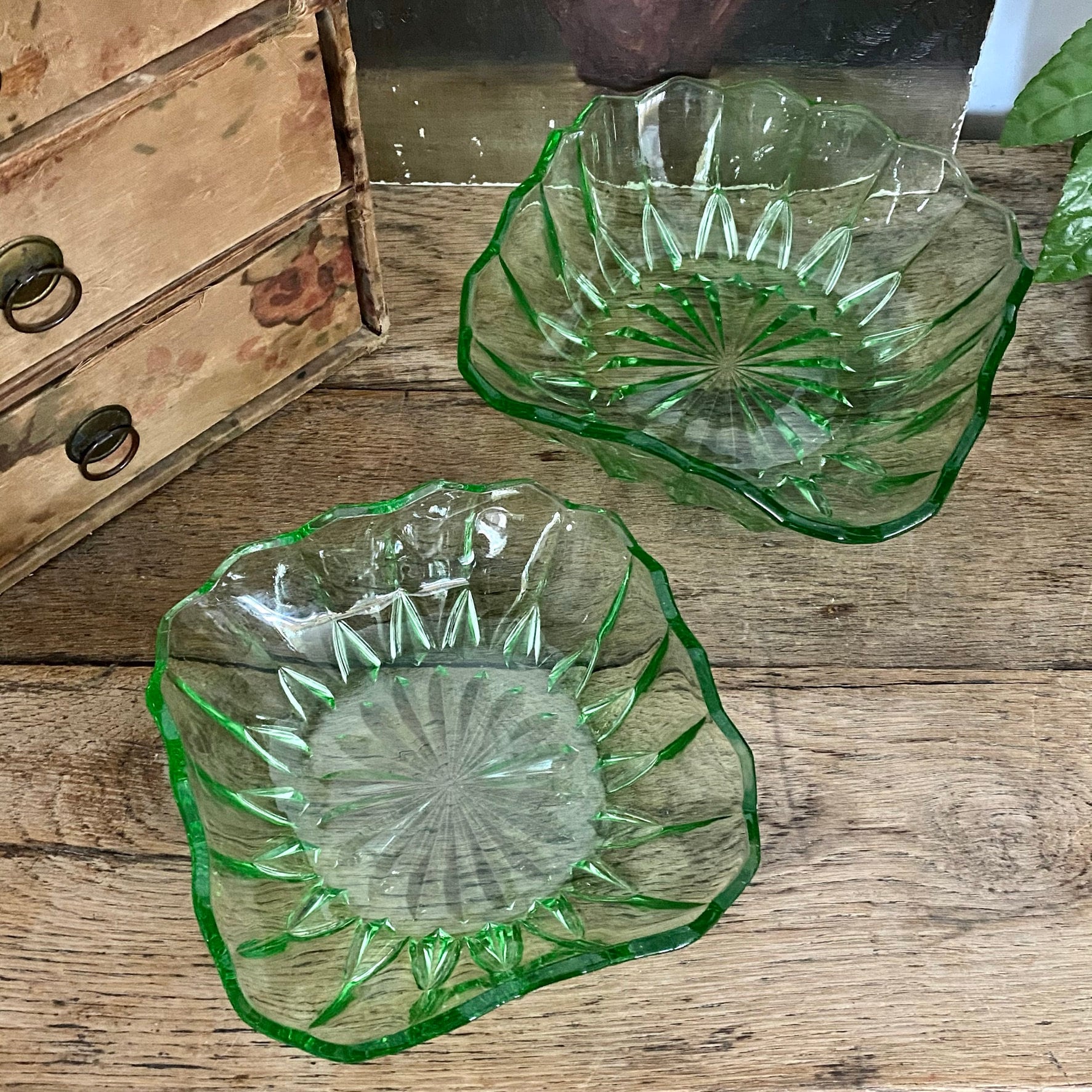 Two Vintage Green Glass Serving Bowls Fruit Dishes Etsy