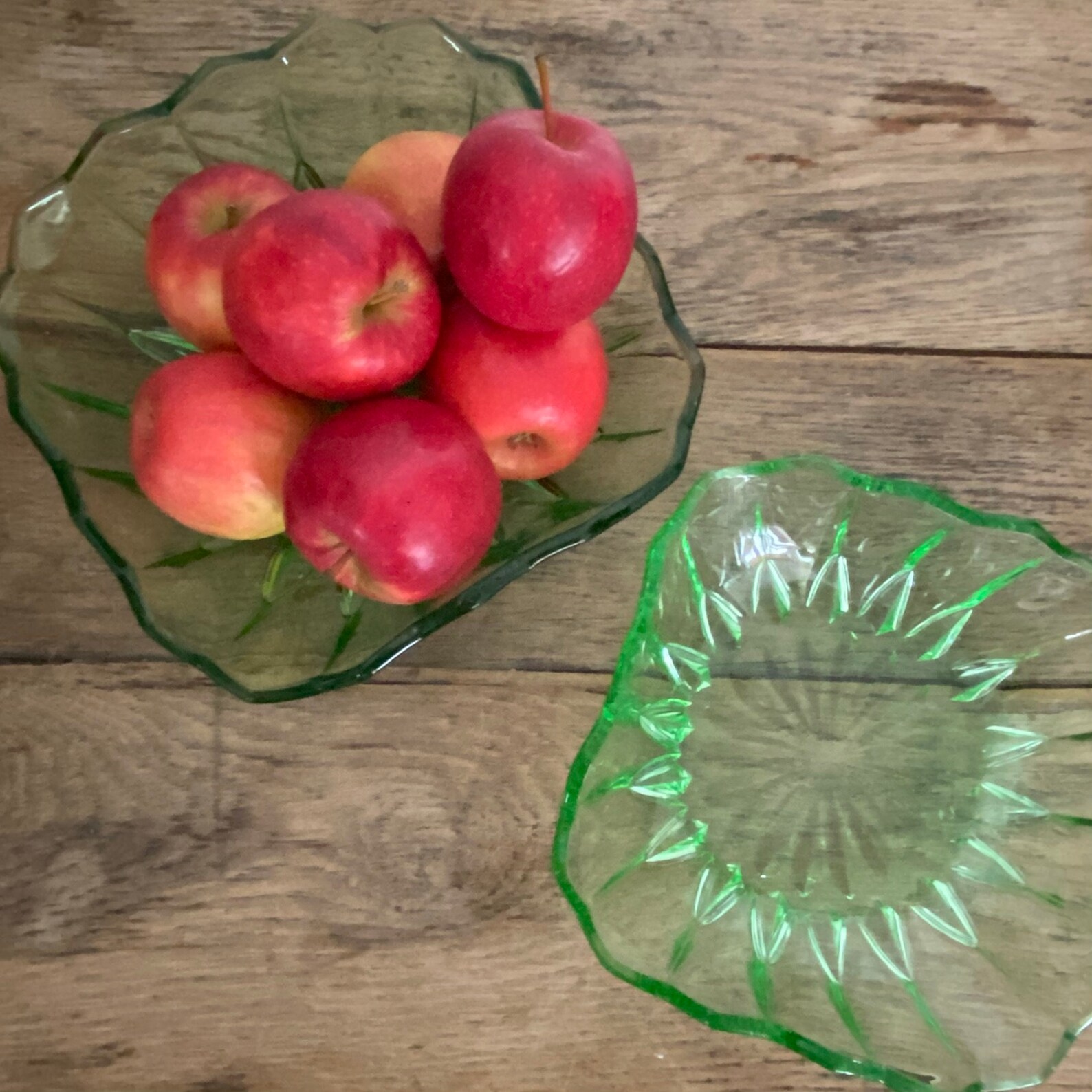 Two Vintage Green Glass Serving Bowls Fruit Dishes Etsy