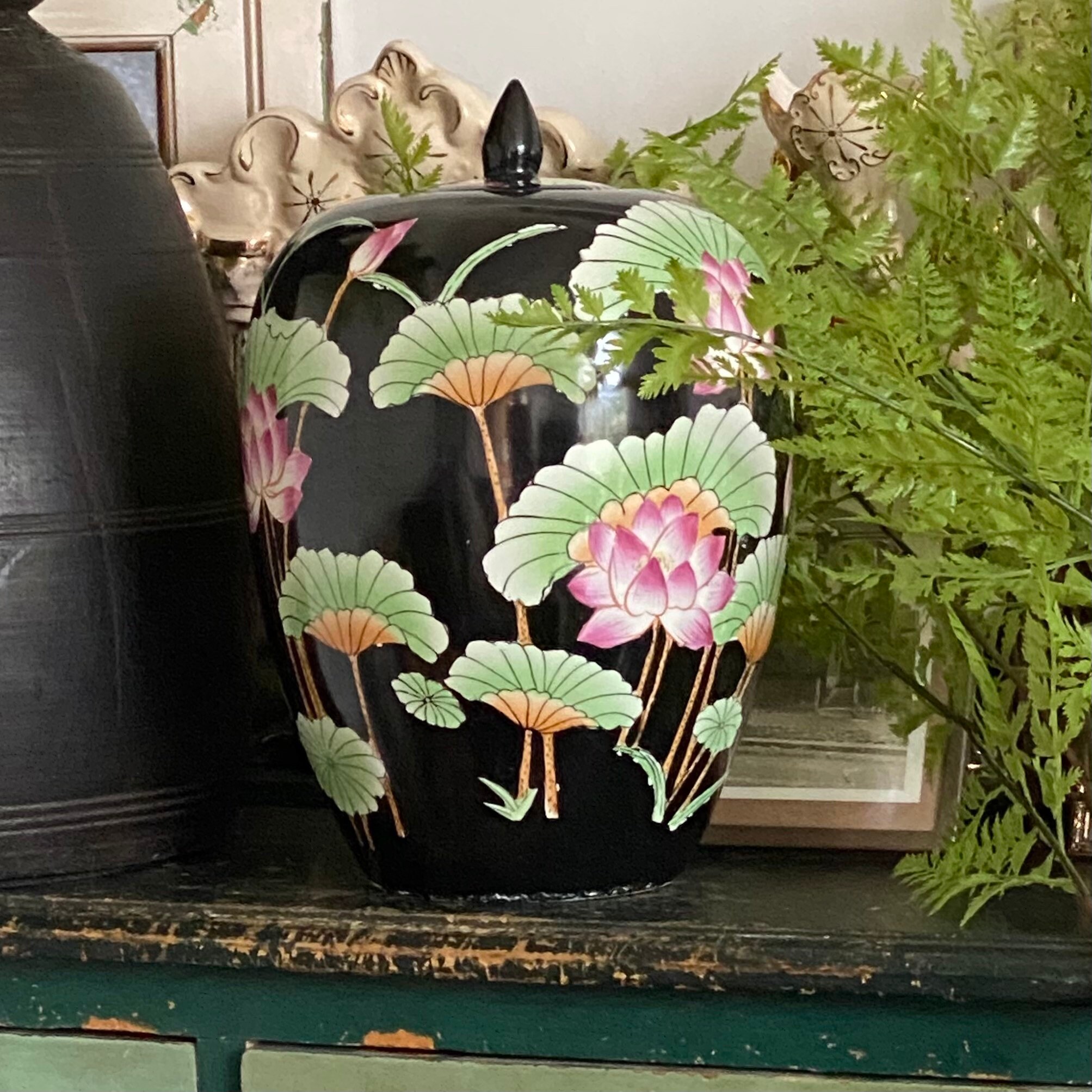 Vintage Large Ginger Jar Lotus Flower Black Pink Green 2/4 Etsy