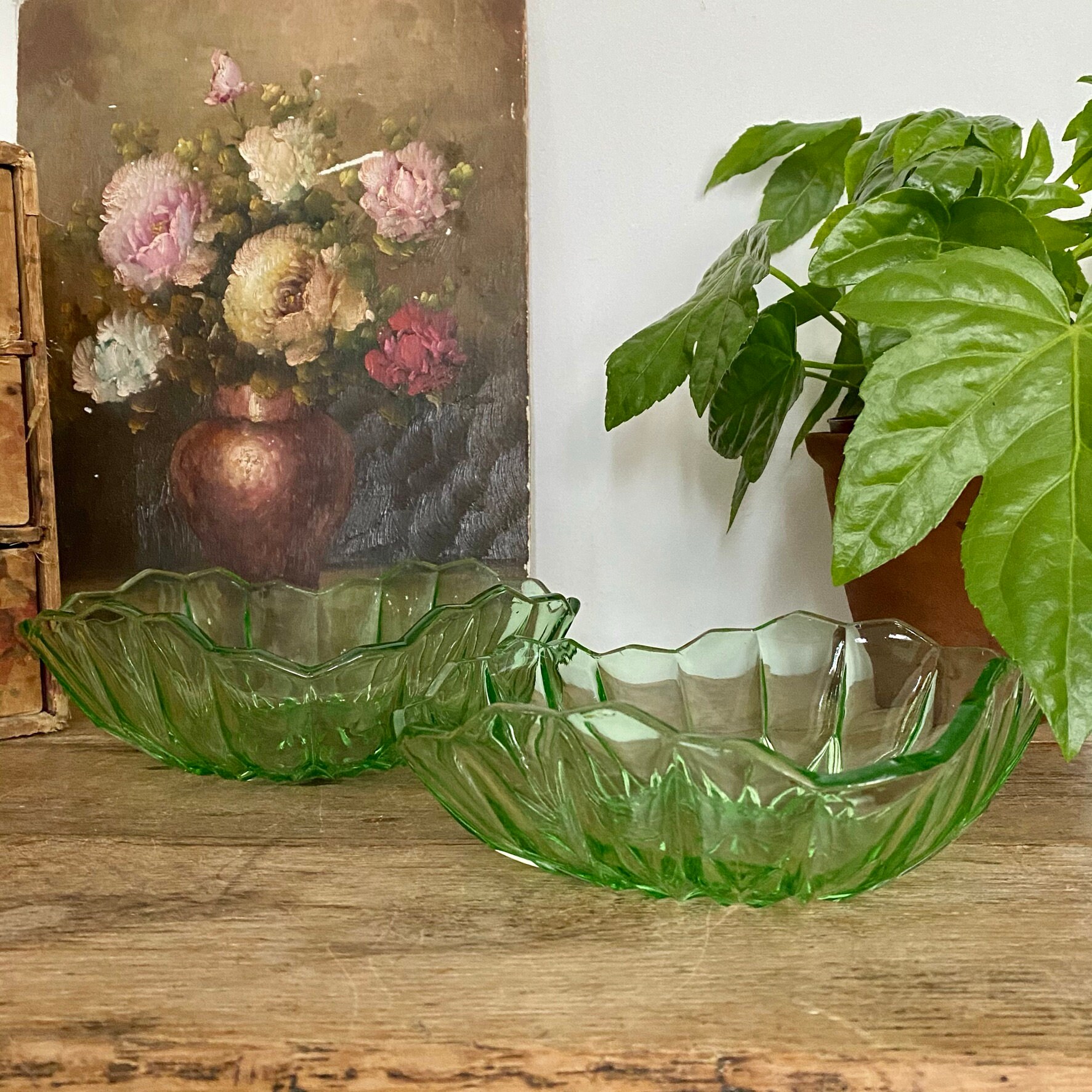 Two Vintage Green Glass Serving Bowls Fruit Dishes Etsy