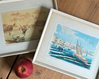 Vintage Pair of Small Malta Watercolours Galia Harbour Boats Old Chipped Frames Lovely Ref NR