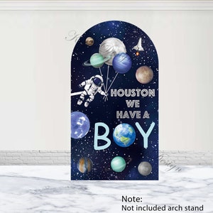 Sfondo per arco per baby shower nello spazio, sfondo per astronauta, pianeta, galassia, Houston. Abbiamo un ragazzo, copertura per arco in poliestere bifacciale, decorazione di scena