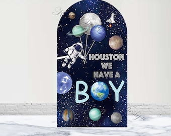 Outer Space Baby Shower Arch Backdrop Astronaut Planet Galaxy Backdrop Houston We have A Boy Polyester Double-Sided Arch Cover Decor Prop